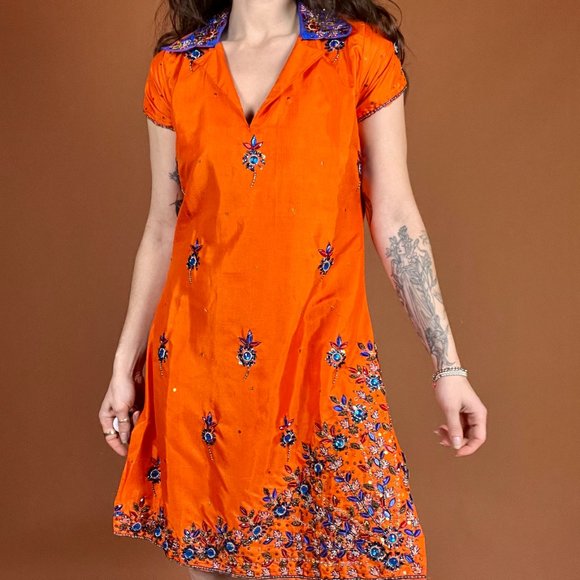 Bright Orange and Blue Short Sleeve Beaded Bedazzled Collared Tunic Dress - Picture 5 of 6